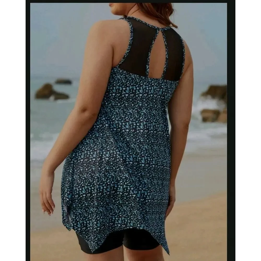 Swim 365 Curvedream Polka Dot Print Asymmetric High Neck Tankini sz24 Coastal